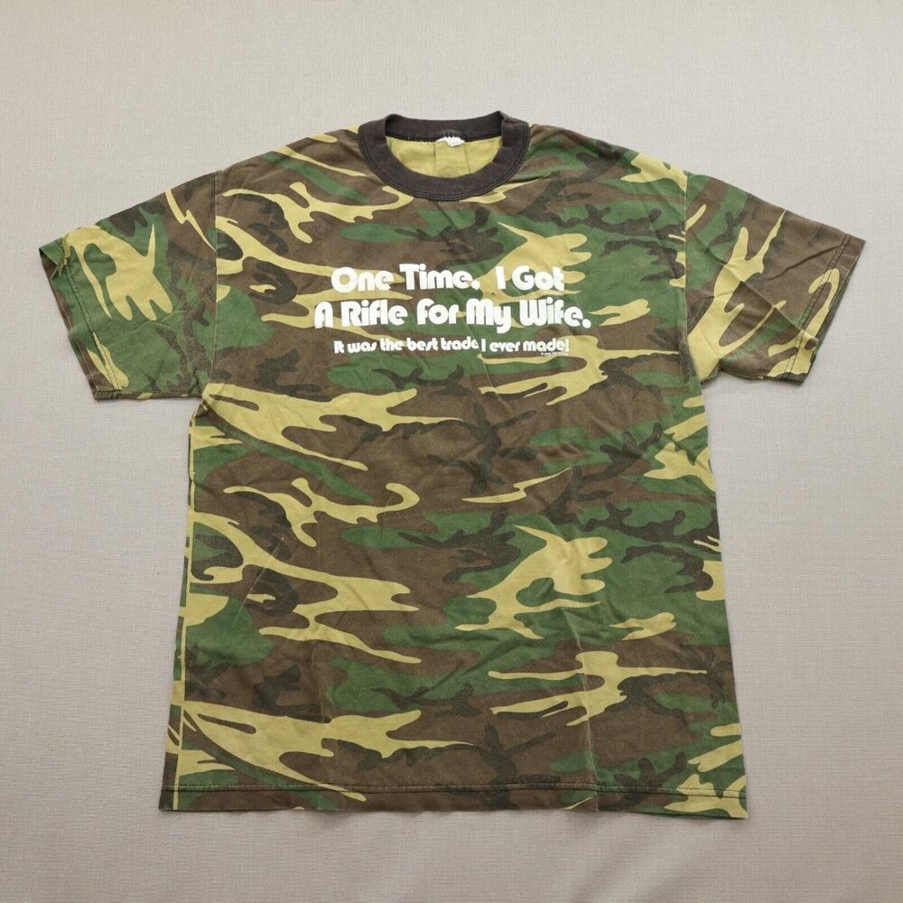One Time I Got a Rifle For My Wife Graphic T-shirt Camo Mens Medium Funny Prank